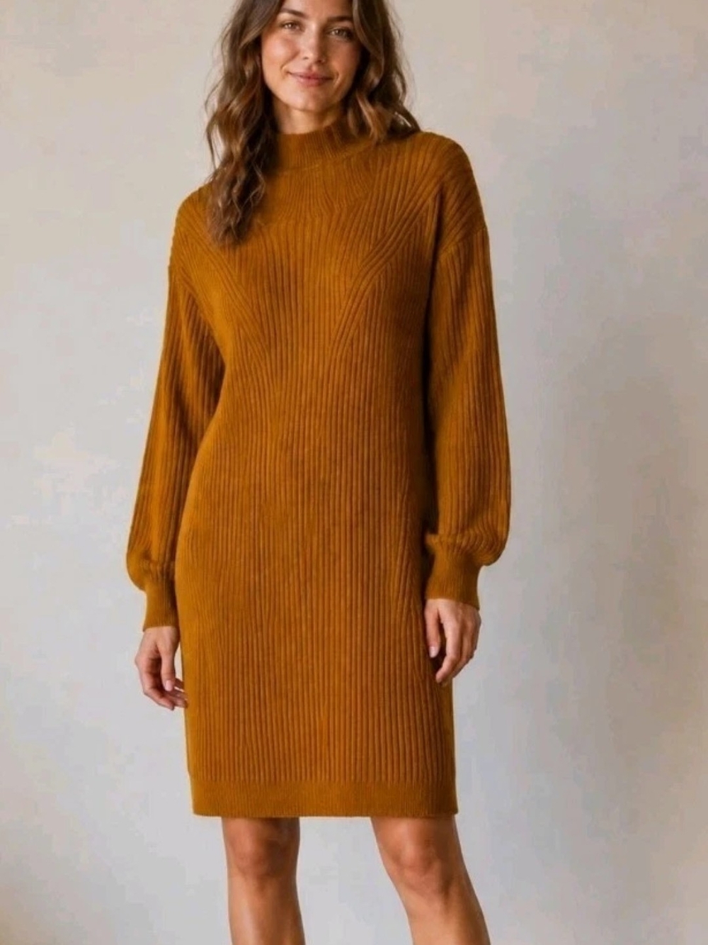 H&M Women’s Ribbed Sweater Dress Size L Mustard Mock Neck Wool Blend